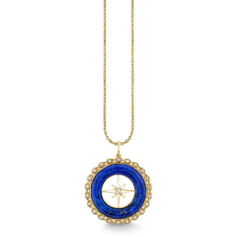 Birthday gift necklace for women-Gold, Diamond & Lapis Starburst Stone Pendant