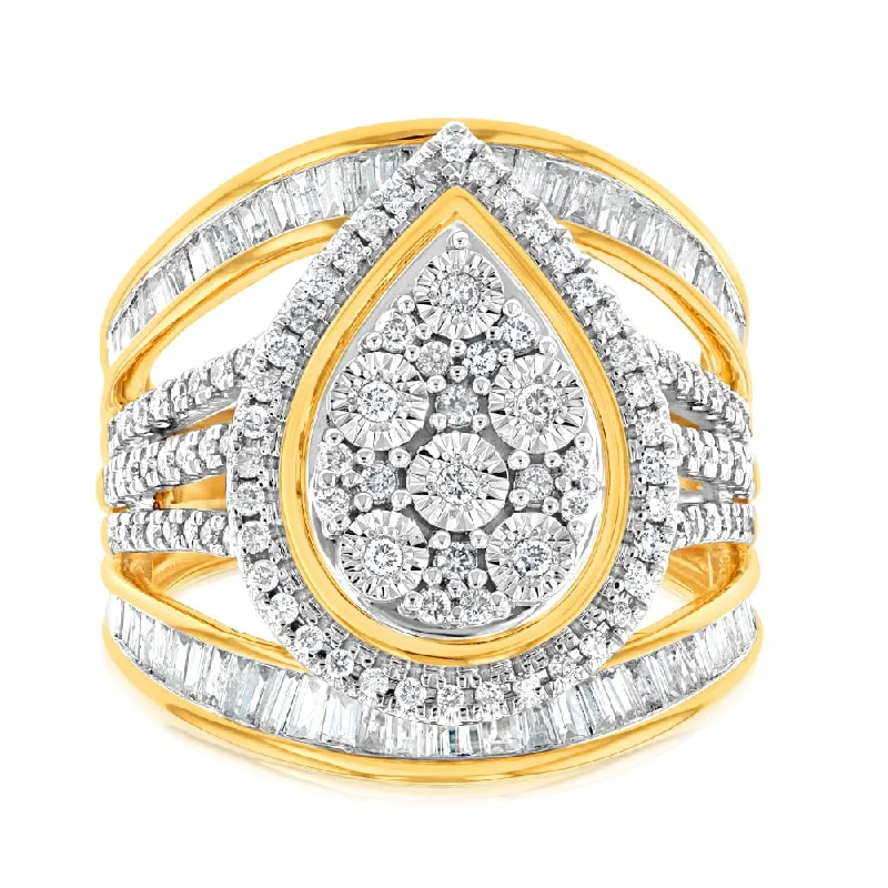 Gold engagement ring for women-9ct Yellow Gold 1 Carat Diamond Pear Shape Cluster Dress Ring