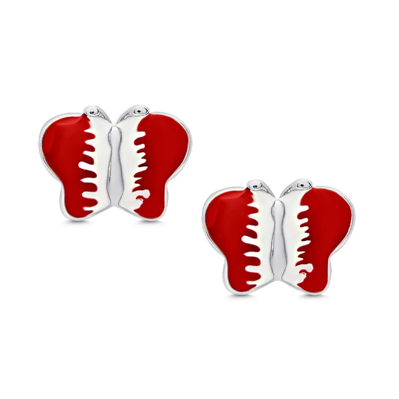 Bridal earrings for women-Butterfly Stud Earrings in Sterling Silver - Red