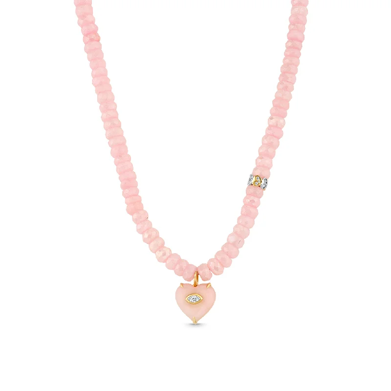 Boho necklace for women-Gold, Diamond & Pink Opal Heart Beaded Necklace