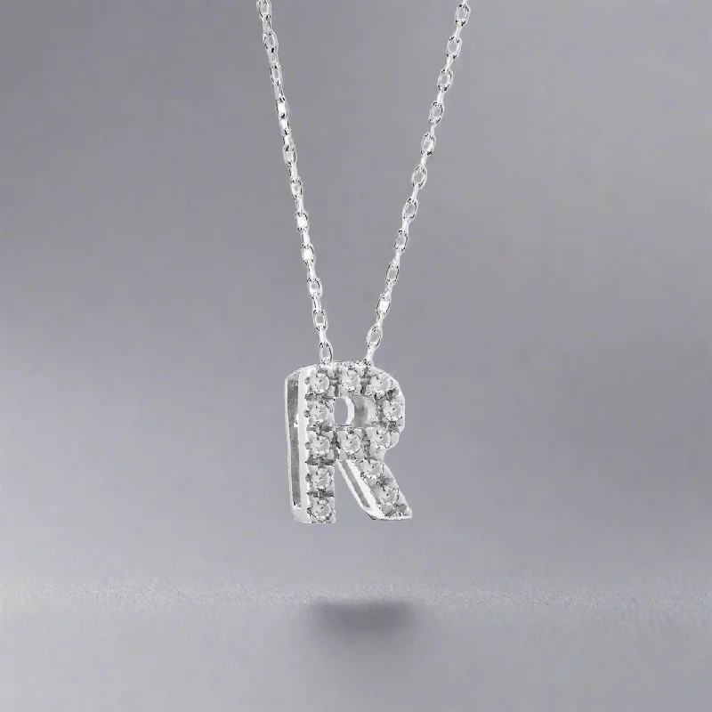 Choker chain necklace for women-14K W Gold small 0.02ctw H/I1-SI2 diamond initial 'R' pendant