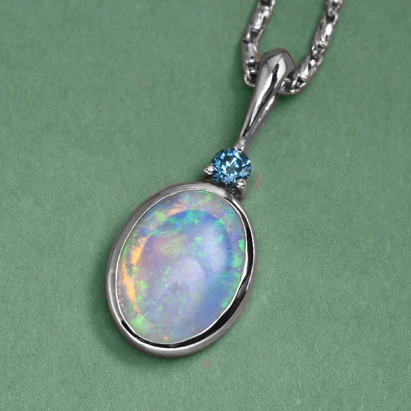 Solitaire necklace for women-Opal And Blue Diamond Pendant