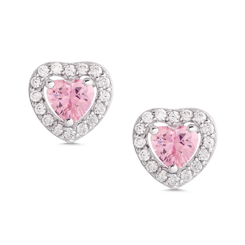 Personalized earrings for women-Pink & White CZ Heart Halo Stud Earrings in Sterling Silver