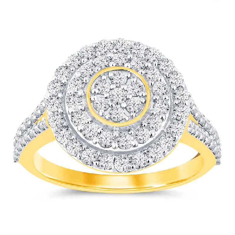 Art deco engagement ring for women-9ct Yellow Gold 1 Carat Diamond Oval Shape Cluster Ring