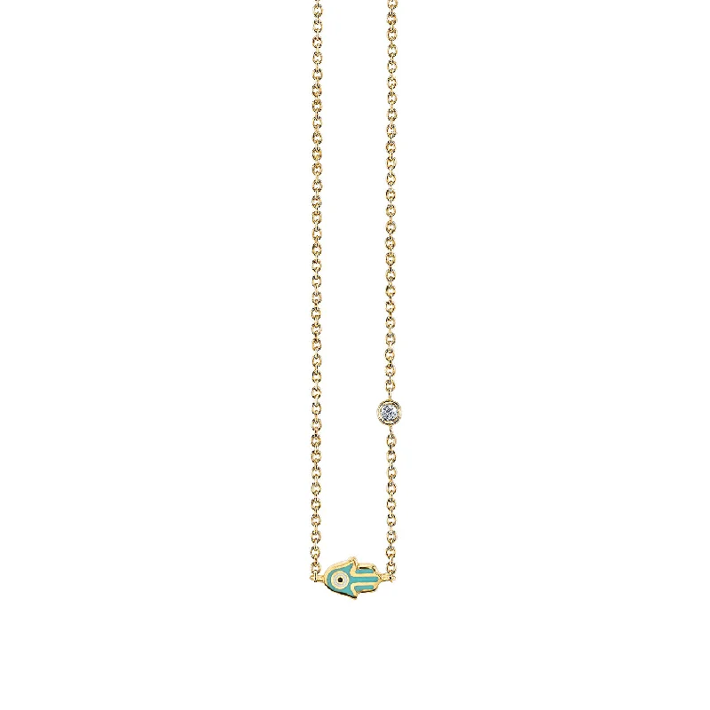 Necklace with colored diamonds for women-Gold & Turquoise Mini Enamel Hamsa Necklace with Bezel Set Diamond