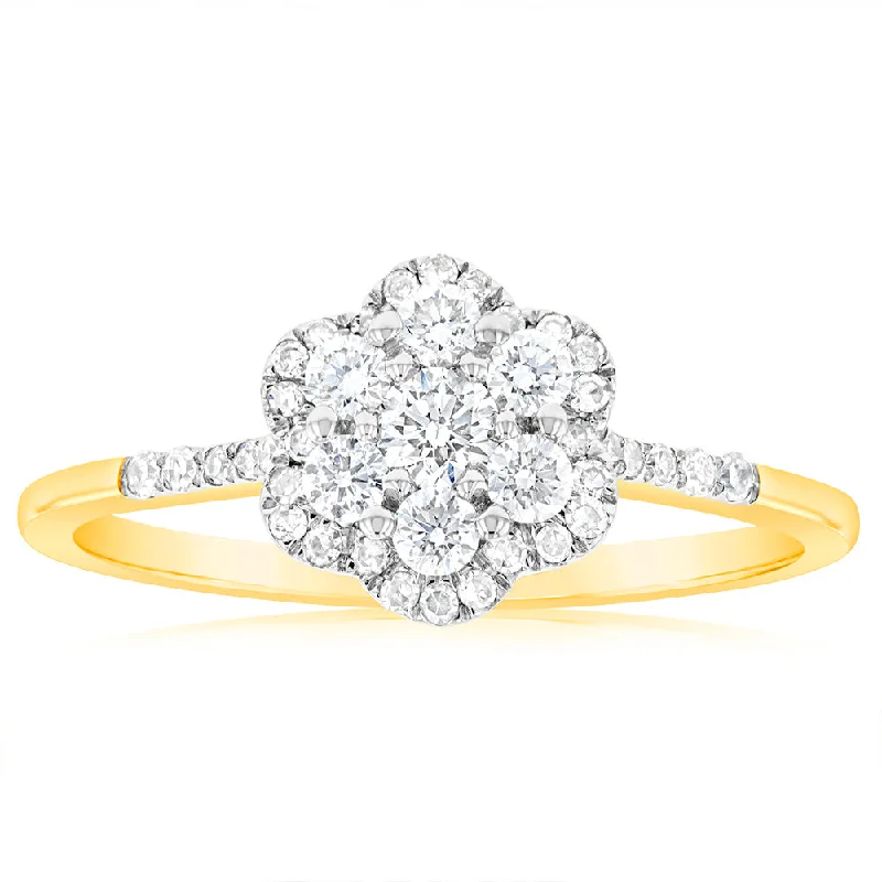 Oval cut engagement ring for women-Luminesce Lab Grown 0.50 Carat Ring with 41 Diamonds Set in 9 Carat Yellow Gold