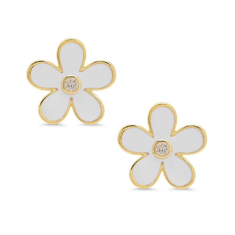 Fashionable earrings for women-Flower CZ Stud Earrings - White