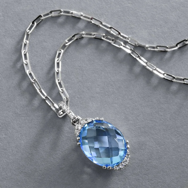 Choker necklace for women-Blue Topaz Pendant With Diamond Crescents