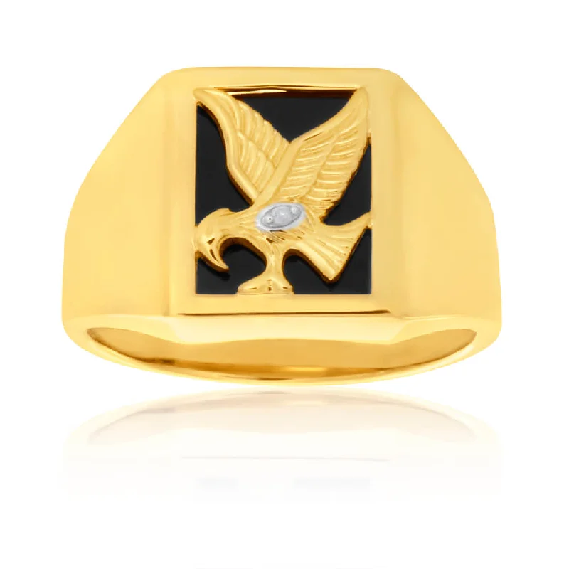 Simple solitaire engagement ring for women-9ct Yellow Gold Eagle Gents Ring with Onyx and Diamond