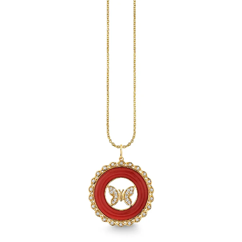 Large pendant necklace for women-Gold, Diamond & Red Agate Butterfly Stone Pendant