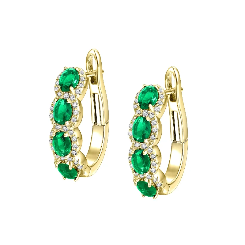 Dangling gemstone earrings for women-Sterling Silver 14K Gold Plated Cubic Zirconia Oblong Hoop Leverback Earrings.