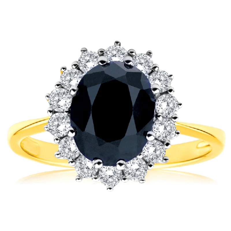 Engagement ring with side stones for women-9ct Yellow Gold Natural Sapphire 2.50 Carat 9X7mm Oval with 0.50 Carat Diamonds Ring