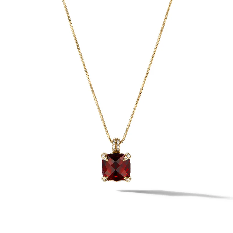 Name necklace for women-Chatelaine® Pendant Necklace in 18K Yellow Gold with Garnet and Diamonds\, 11mm