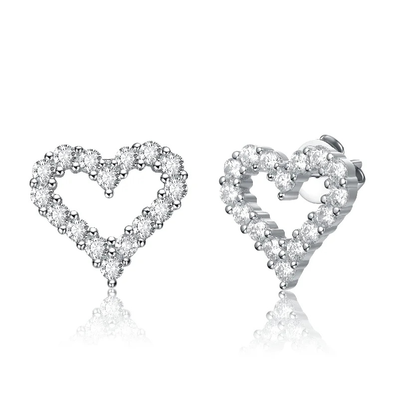 Trendy earrings for women-Sterling Silver with 1ctw Lab Created Moissanite French Pave Heart Halo Stud Earrings