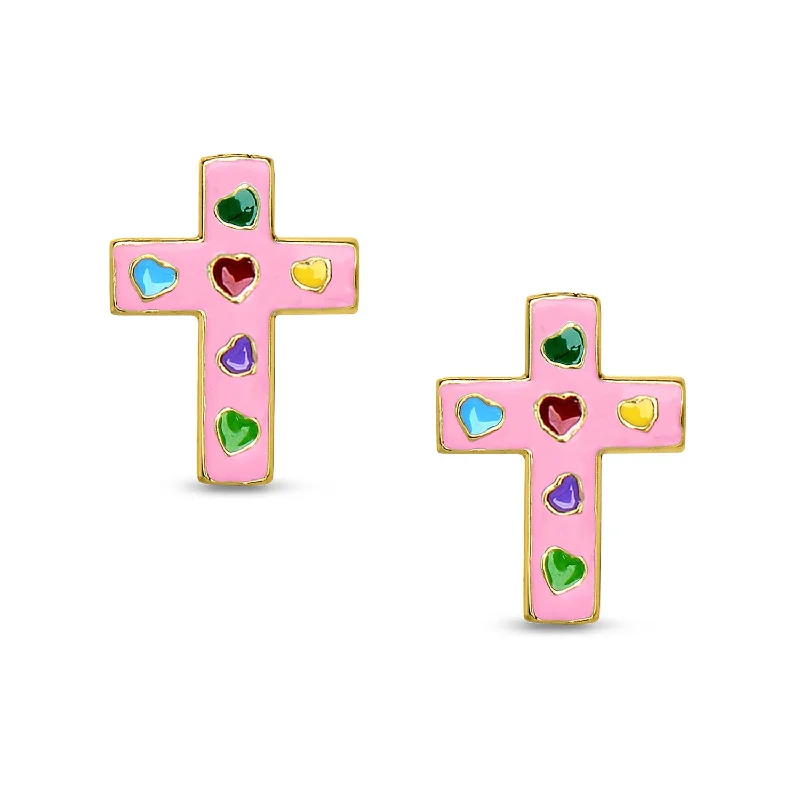 Heart shaped stud earrings for women-Cross Stud Earrings - Pink