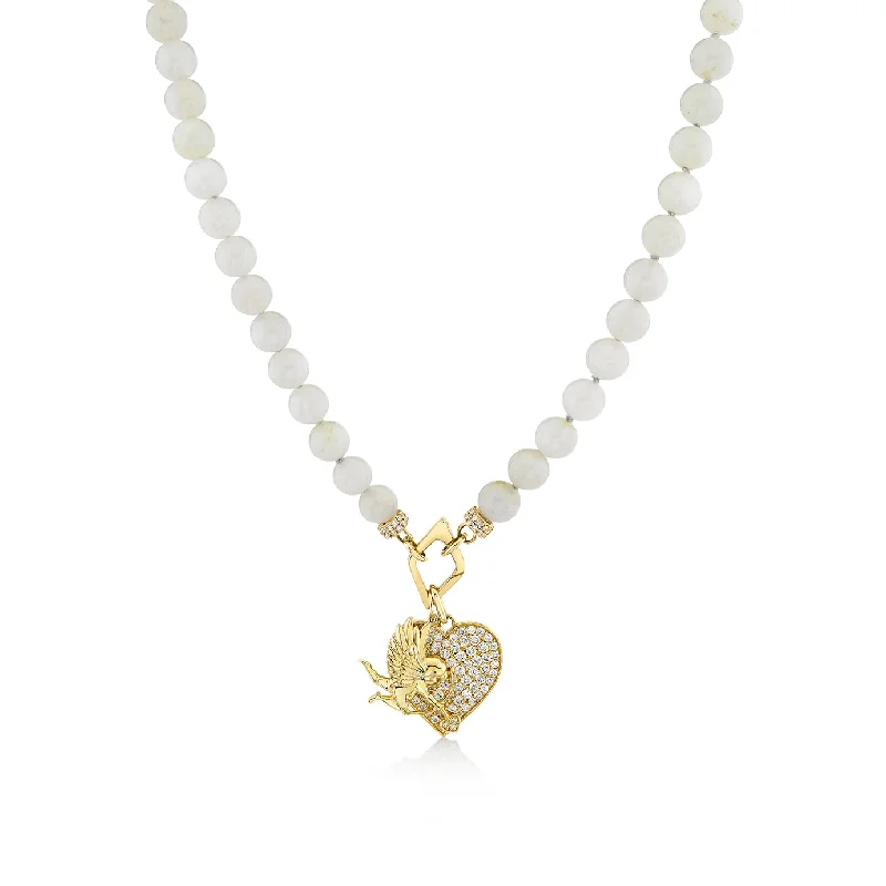 Oval pendant necklace for women-Gold & Diamond Angel Heart Moonstone Necklace