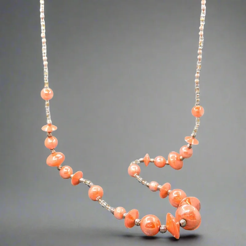 Ruby necklace for women-STST Peachy Orange and Clear Murano Glass 34” Beaded Necklace