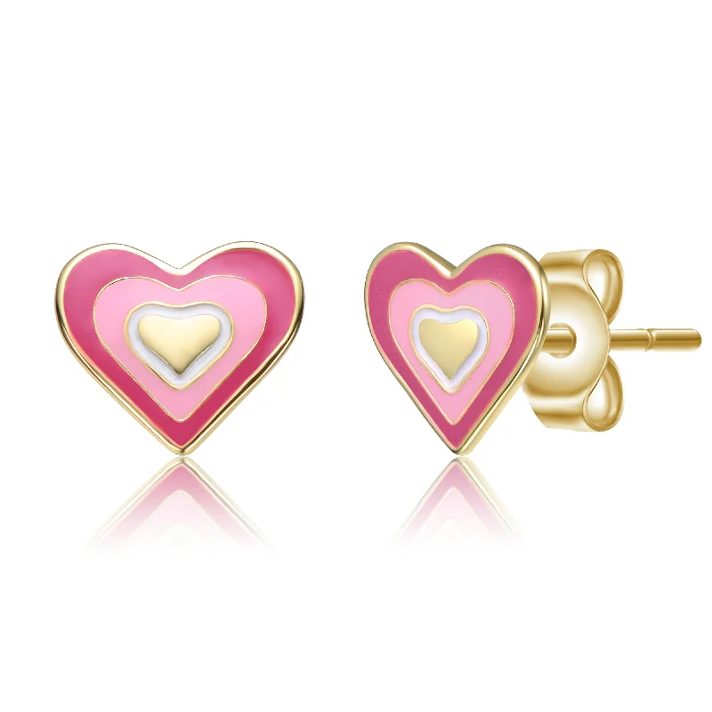 Fashion earrings for women-Sterling Silver 14k Gold Plated 8MM Pink & White Enamel Heart Stud Earrings