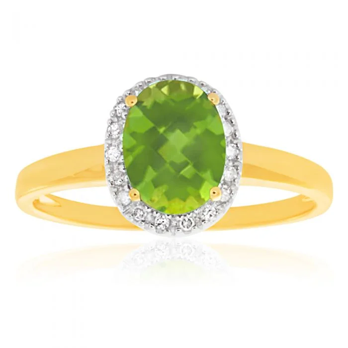 Engagement ring with diamonds for women-9ct Yellow Gold & White Gold Peridot and Diamond Halo Ring