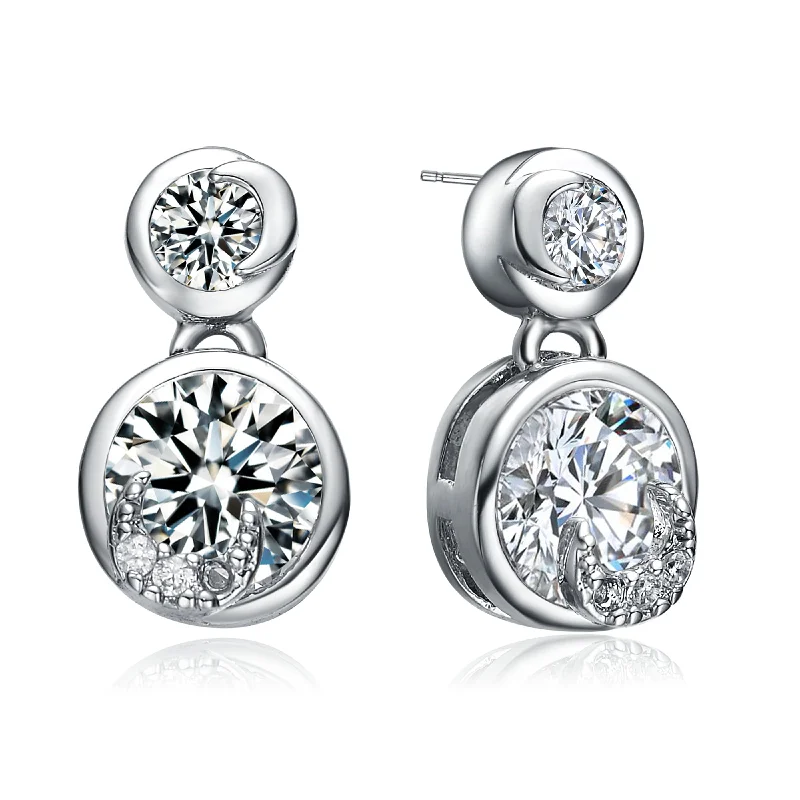 Simple stud earrings for women-CZ Sterling Silver Round Drop Earrings