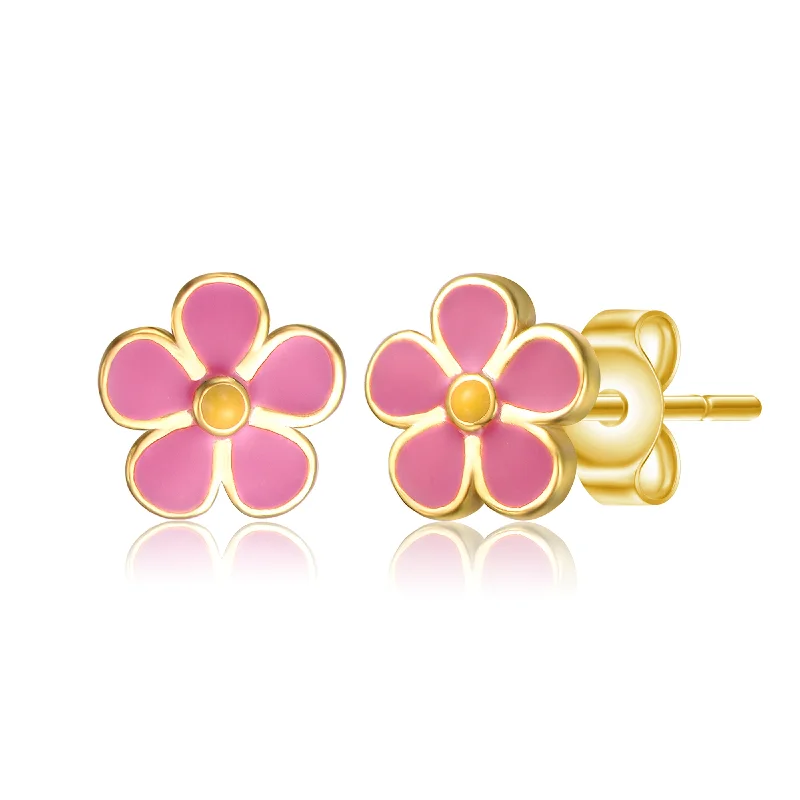 Ruby earrings for women-14k Gold Plated Fuchsia-Pink & Yellow Enamel Daisy Stud Earrings