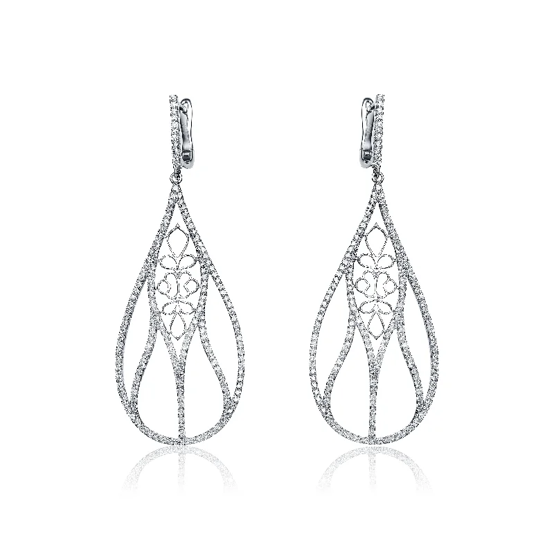 Long chain earrings for women-CZ SS Rhodium Plated Outlined Teardrop Earrings