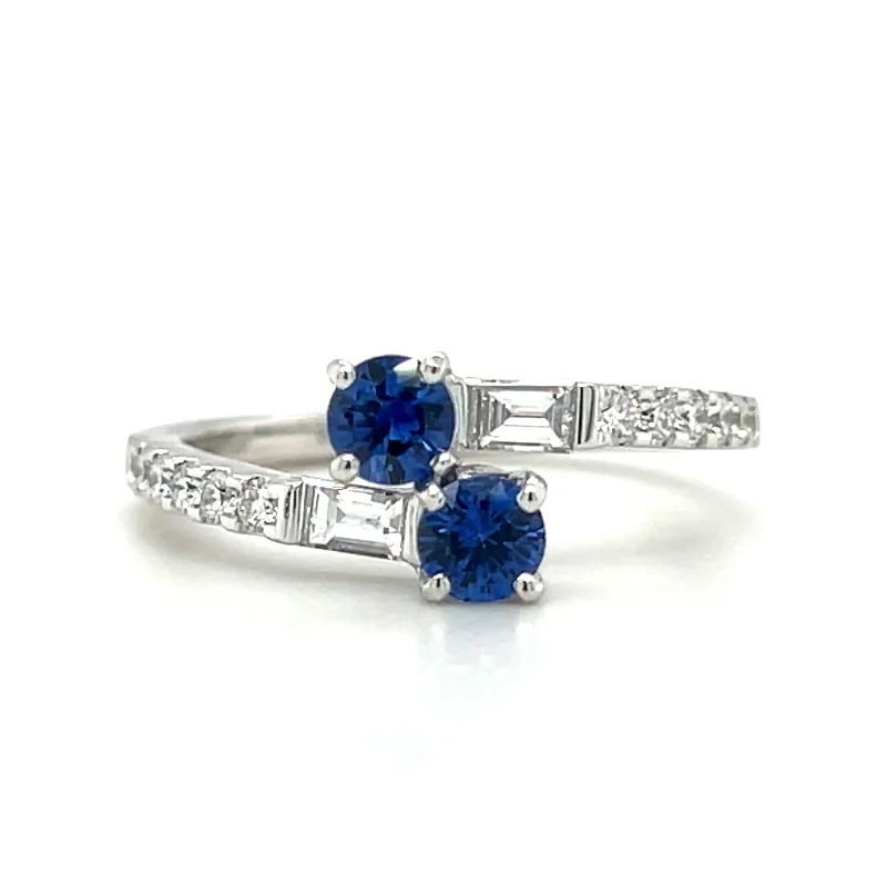 Art deco engagement ring for women-14k White Gold Blue Sapphire & Diamond Bypass Ring by IJC