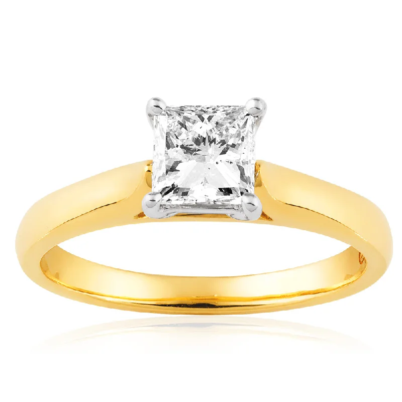 Wedding band engagement ring for women-18ct Yellow Gold & White Gold Solitaire Ring With 1 Carat Princess Diamond