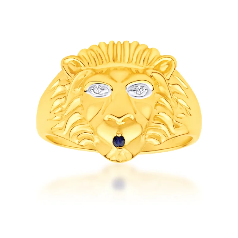 Princess cut engagement ring for women-9ct Yellow Gold Lion Head Diamond and Sapphire Gents Ring