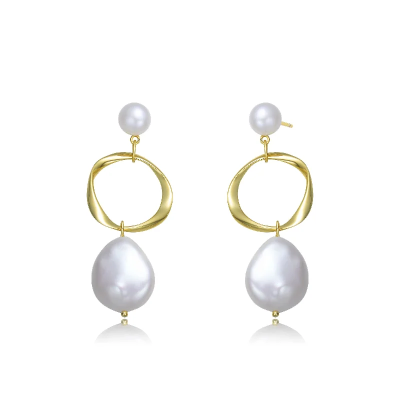 Silver drop earrings for women-Brigitte Central RIbbon Golden Pearl Earrings