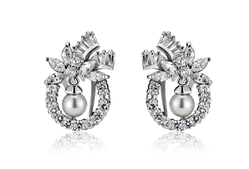 Classic earrings for women-Cubic Zirconia Sterling Silver Rhodium Plated Pearl Earrings