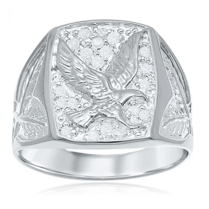 Unique custom engagement ring for women-20 Diamonds Eagle Gents Ring in Sterling Silver