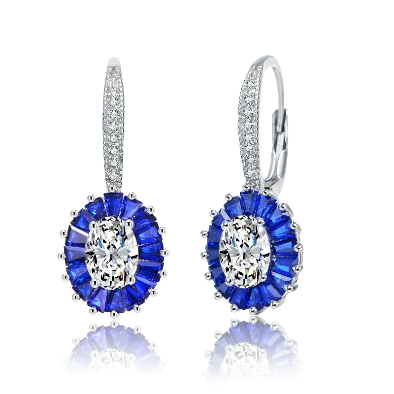 Rose gold earrings for women-Sterling Silver with Rhodium Plated and Sapphire Cubic Zirconia Leverback Earrings