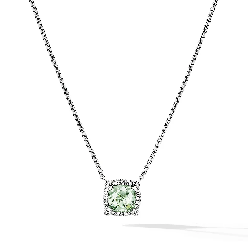 Adjustable chain necklace for women-Petite Chatelaine® Pavé Bezel Pendant Necklace in Sterling Silver with Prasiolite and Diamonds, 7mm