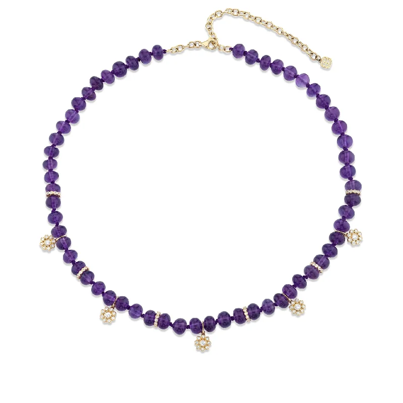 Silver statement necklace for women-Gold & Diamond Multi Flowers & Rondelles Amethyst Necklace