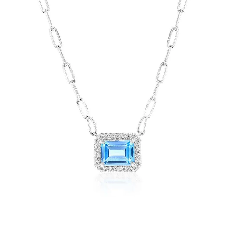 Pearl necklace for women-SS Paperclip chain with White Topaz and Blue Topaz Pendant