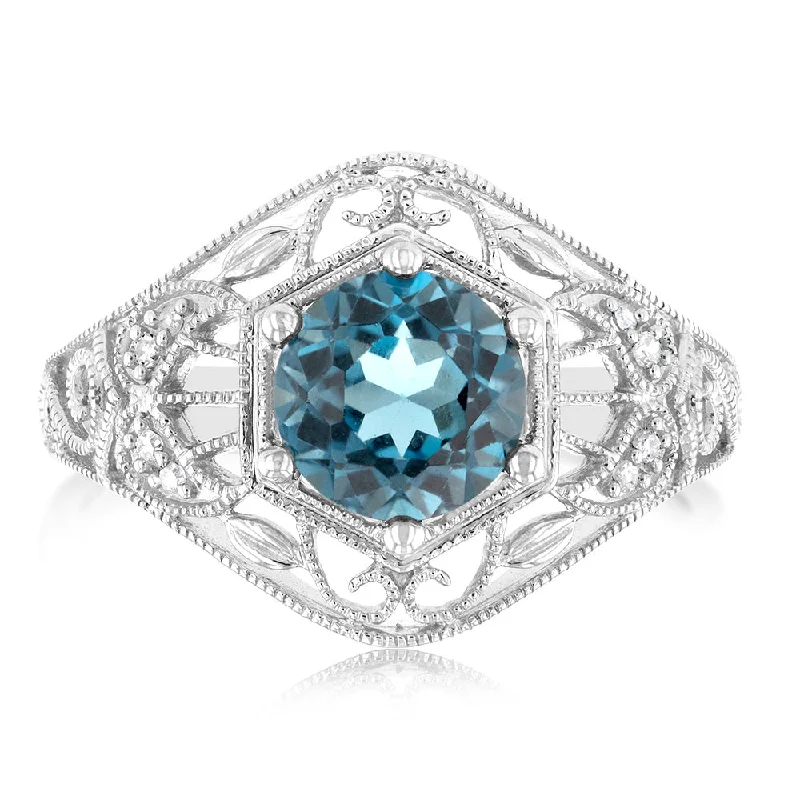 Wedding band engagement ring for women-1.5Ct London Blue Topaz Ring with 8 Diamonds in Sterling Silver