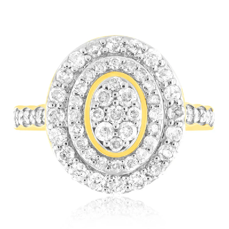 Rose gold engagement ring for women-9ct Yellow Gold 1 Carat Diamond Oval Shape Cluster Ring