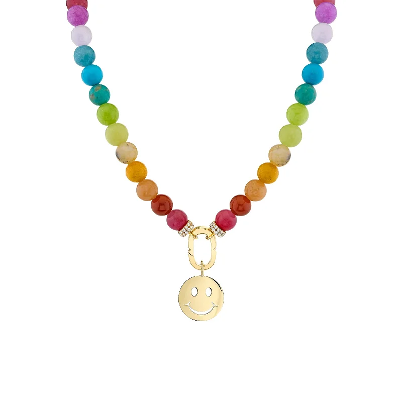 Classic gold necklace for women-Pure Gold Large Happy Face Rainbow Jade Necklace