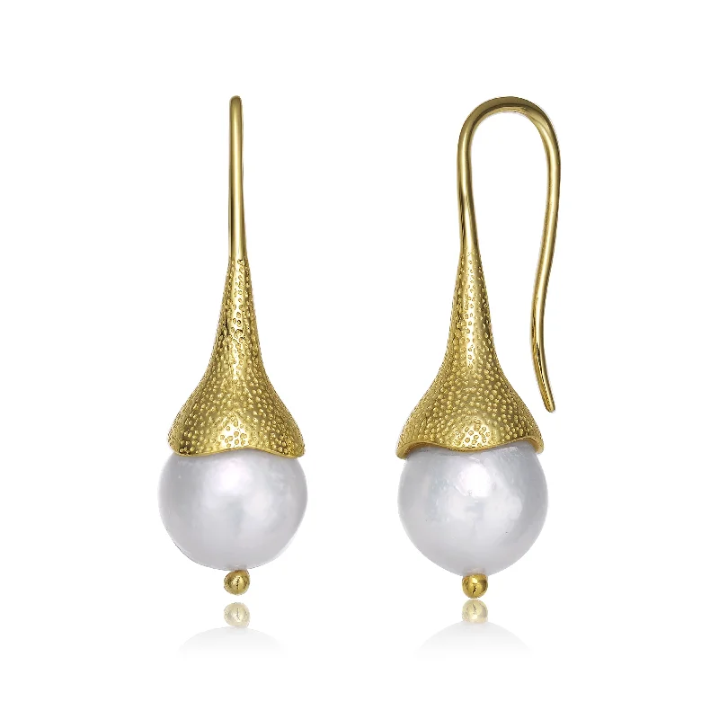 Simple gold earrings for women-Brigitte Nest Pearl Hook Earrings