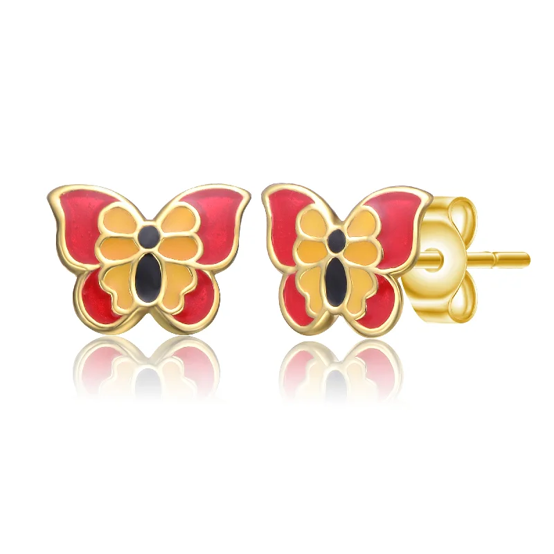 Hoop earrings for women-14k Gold Plated Red, Black & Yellow Enamel Butterfly Stud Earrings