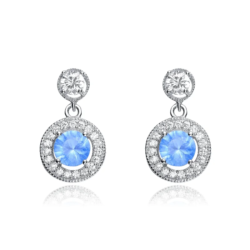 Gold stud earrings for women-Cubic Zirconia Sterling Silver Rhodium Plated Turquise Double Round Drop Earrings