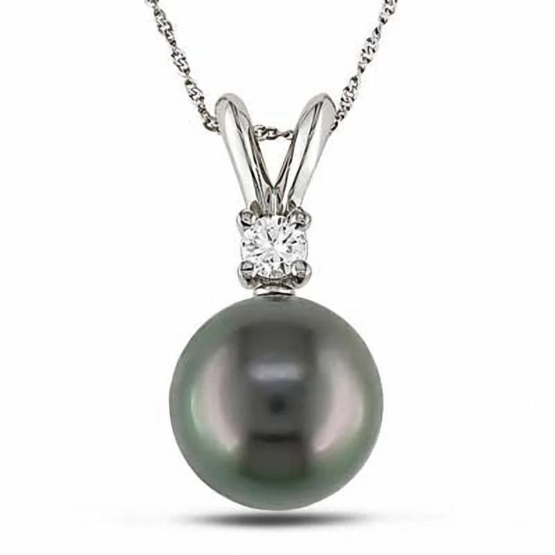 Rose gold necklace for women-14K W Gold 0.05ct Diamond and 9-10mm Pearl Pendant