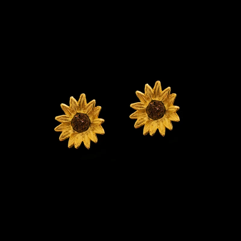 Round stud earrings for women-Fine Sunflower Earrings - Petite Post