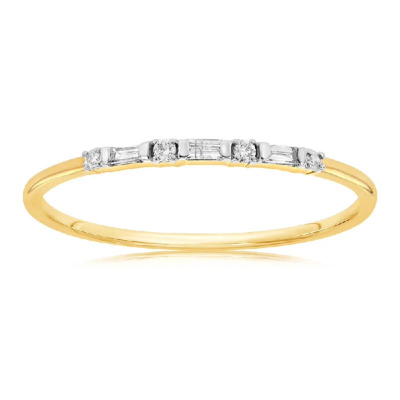 Engagement ring with vintage design for women-9ct Yellow Gold 0.10 Carat Diamond Eternity Ring with 4Brilliant & 3Baguette Diamonds