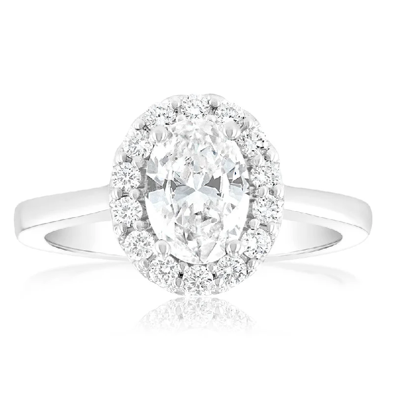 Designer diamond engagement ring for women-Luminesce Lab Grown 18ct White Gold 1.3 Carat Diamond Oval Halo Ring