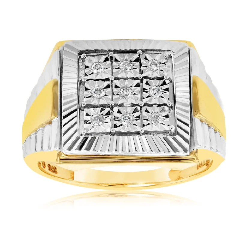 Emerald cut engagement ring for women-9ct Yellow Gold & Rhodium Set with 9 Brilliant Diamonds Gents Ring Set