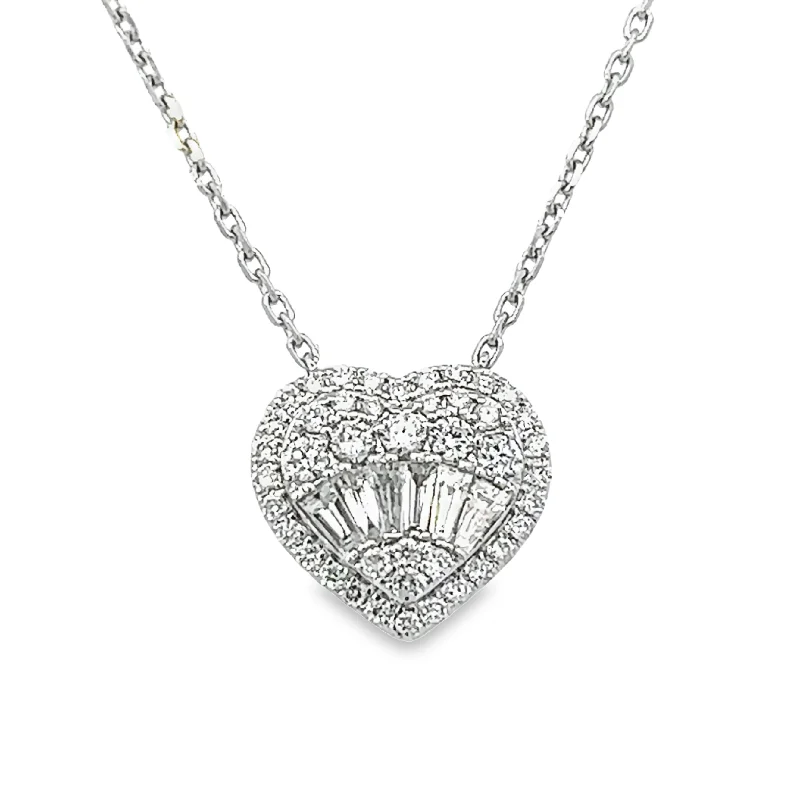 Personalized silver necklace for women-Round & Baguette Diamond Heart Necklace