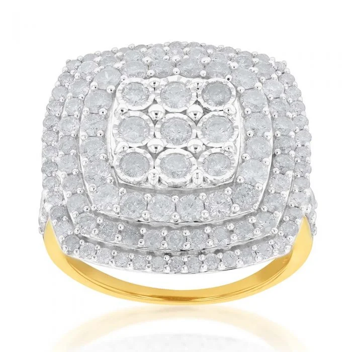 Two-tone engagement ring for women-Sterling Silver and 9ct Yellow Gold 3 Carat Diamond Cluster Ring