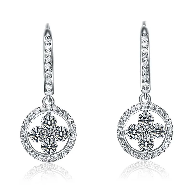 Statement earrings for women-Cubic Zirconia Sterling Silver Rhodium Plated Round Flower Design Drop Earrings